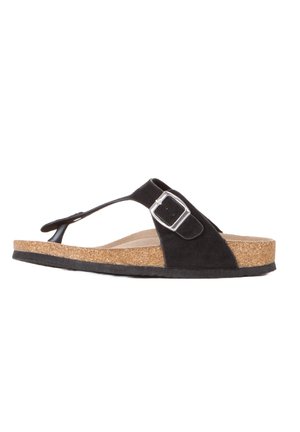 Sandalias de tiras de ante negro con una plantilla de corcho, que presentan una hebilla de plata en la tira y una suela de goma texturizada para mayor agarre.