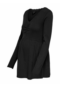 Črna dolga majica za nosečnice z V-izrezom, rebrasto teksturo, nabranimi detajli na prsnici in razširjeno silhueto za udobje.