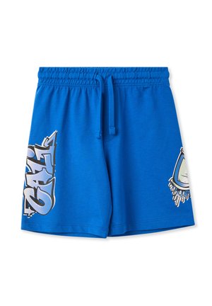 Pantaloni corti in cotone blue con vita elastica e cordoncino. Presentano design grafici sulla gamba sinistra e sul lato destro. Texture liscia.