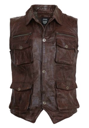 Braune Lederweste mit Knopfschluss, vier Vorderaschen mit Klappen und einem spitzen Saum. Strukturierte Oberfläche mit sichtbaren Nähten.