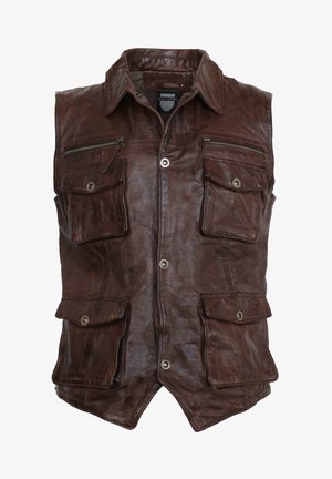 Braune Lederweste mit Knopfschluss, vier Vorderaschen mit Klappen und einem spitzen Saum. Strukturierte Oberfläche mit sichtbaren Nähten.