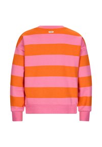 Buntgestreifter Sweatshirt mit auffälligen horizontalen Streifen in Pink und Orange, Rundhalsausschnitt und gerippten Bündchen. Markenlabel am Hals.