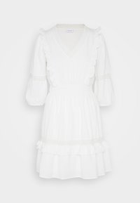 Vestido blanco hasta la rodilla con escote en V, borde rizado, mangas de tres cuartos abullonadas y detalle de cintura elástica.