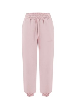 Pantalones deportivos rosa claro con cordón, cintura y puños elásticos, corte holgado, diseño sencillo con logo sutil en el muslo izquierdo.