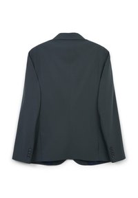 Blazer grigio scuro, tessuto liscio, design strutturato, revers a punta, spacco singolo sul retro, polsini con quattro bottoni e tasche laterali.
