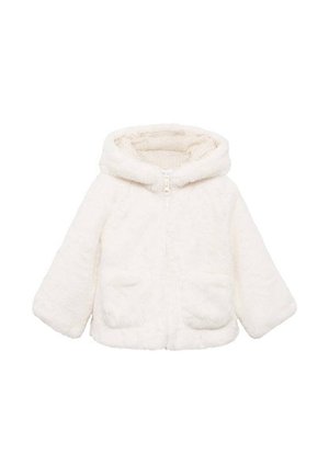 Veste blanche duveteuse à capuche avec fermeture éclair à l'avant et deux poches, conçue pour la chaleur et le confort.