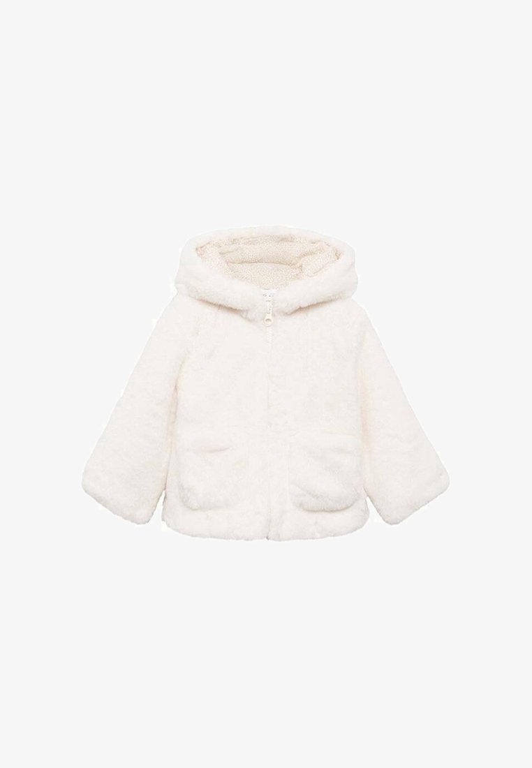 Veste blanche duveteuse à capuche avec fermeture éclair à l'avant et deux poches, conçue pour la chaleur et le confort.