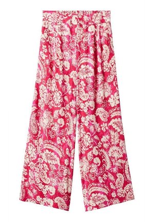 Pantalon à jambes larges rose avec un imprimé floral blanc. Doté d'une taille plissée pour une coupe décontractée. Confectionné en tissu léger.
