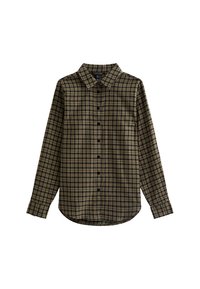 Camicia button-up a quadretti verdi scuri e beige, con colletto, maniche lunghe e orlo curvo. Bottoni neri lungo la parte anteriore.