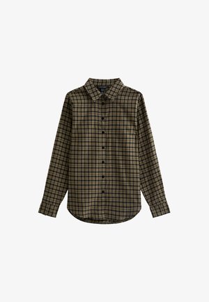 Koszula zapinana na guziki w ciemnozielonym i beżowym kratę, z kołnierzykiem, długimi rękawami i zaokrąglonym dołem. Czarne guziki z przodu.