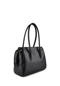 Sac à main en cuir noir texturé avec deux longues poignées et une poche latérale zippée, présenté sur fond blanc.