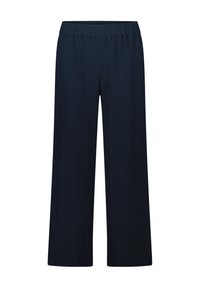 Marineblauwe wijde broek in textuurstof, met een elastische tailleband en zonder zichtbare sluitingen, ontworpen voor comfort en gemakkelijke draagbaarheid.