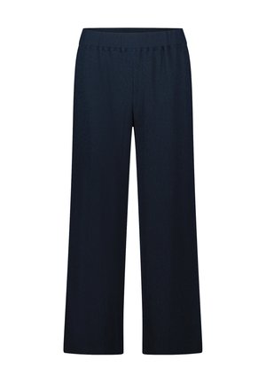 Pantalons large en tissu texturé bleu marine, dotés d'une taille élastique et sans fermetures visibles, conçus pour le confort et la facilité d'utilisation.