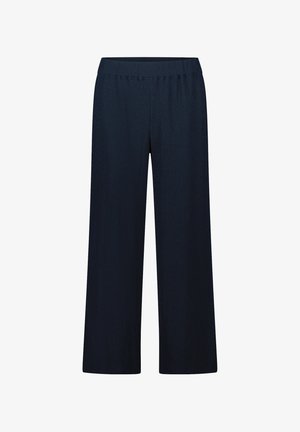 Granatowe spodnie w szerokim kroju wykonane z teksturowanej tkaniny, z elastycznym pasem i bez widocznych zapięć, zaprojektowane z myślą o komforcie i swobodzie noszenia.