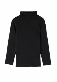 Schwarz langärmliger Rollkragenpullover aus einem weichen Baumwollmix mit entspannter Passform und umgeschlagenem Kragen. Glatte Textur, keine Muster oder Akzente.