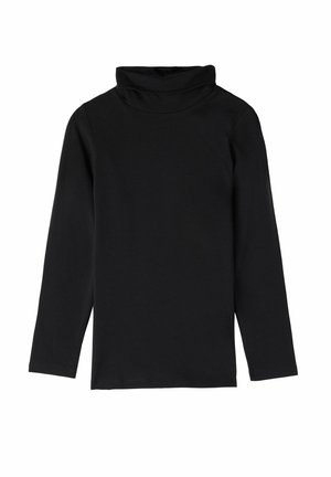 Haut noir à manches longues en col roulé fabriqué dans un tissu doux en mélange de coton, avec une coupe décontractée et un col replié. Texture lisse, sans motifs ni accent.