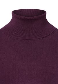 Fioletowy sweter z golfem z prążkowanej dzianiny, o dopasowanej kołnierzyku i gładkiej fakturze, prezentujący jednolity kolor bez wzorów czy akcentów.