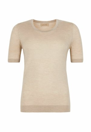 Beige kortärmad stickad tröja med rund hals, slät textur och subtila ribbade detaljer vid halsen och ärmarna.
