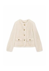 Biała, dziana kurtka o fakturowanym wzorze, okrągłym dekolcie, zapięciu na złote guziki oraz dwoma przednimi kieszeniami. Miękki, puszysty materiał.