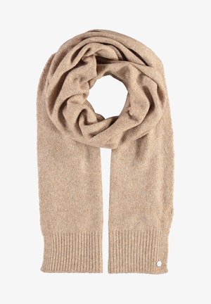 Beige strikket tørklæde med en blød tekstur, ribbede kanter og et løkket design. Bemærkelsesværdig lille brandingdetalje i den ene ende.