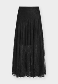 Μαύρη φούστα από δα ντέλα με ρέον, πολυεπίπεδο σχέδιο. Διαθέτει ζώνη μέσης, λεπτά ανθισμένα μοτίβα και διάφανη υφή. Το μήκος φτάνει μέχρι τη μέση της γάμπας.