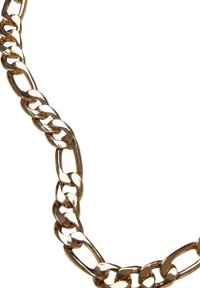 Collier en métal doré avec des maillons entrelacés de formes variées. Surface lisse avec une finition polie, affichant un poids moyen.