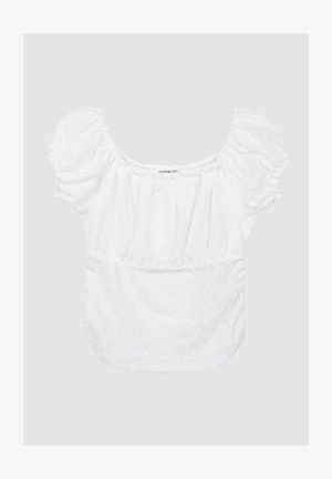 Biała bluzka z bufiastej rękawami, kwiatowym wzorem w oczka, elastycznym dekoltem i pasem, miękka w dotyku, o luźnym fasonie. Widoczna metka marki.