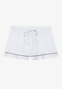 Shorts en satin bleu clair avec une taille élastique et un cordon de serrage, ornés de passepoils noirs le long de l'ourlet pour un contraste.