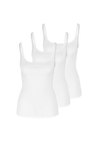 Canotte bianche con spalline larghe, una texture liscia e un design aderente, disposte in un gruppo di tre, che mostrano un colore e uno stile coerenti.