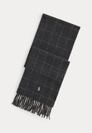 Écharpe en laine gris foncé avec motif à carreaux clair, extrémités à franges et petit logo brodé près d'un bord.