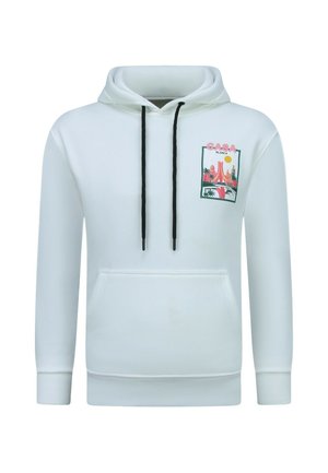 Witte hoodie met zwarte trekkoorden en een kleurrijke afbeelding op de borst die een tropische zonsondergang en de tekst "CASA BLANCA" toont.