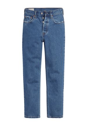 Jeans in denim blu con design a vita alta, chiusura con cinque bottoni e taglio dritto. Il tessuto presenta una finitura texturizzata e leggermente sbiadita.