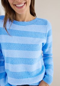 Maglione a righe azzurro chiaro con una texture morbida e soffice. Presenta strisce alternate di azzurro chiaro e più scuro. Scollo rotondo e maniche lunghe.