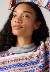 Gebreid sweater met een grijze ronde hals, met een kleurrijk geometrisch patroon in blauw, rood, geel en wit. Zachte, gestructureerde stof.