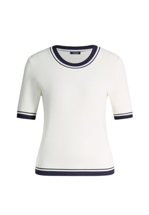 Weißes kurzärmeliges Rippstrick-Oberteil mit marineblauen Abschlüssen am Kragen, an den Ärmelenden und am Saum, mit rundem Ausschnitt.