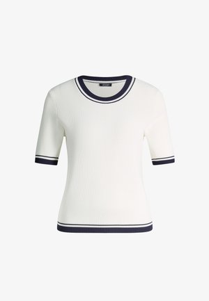 Weißes kurzärmeliges Rippstrick-Oberteil mit marineblauen Abschlüssen am Kragen, an den Ärmelenden und am Saum, mit rundem Ausschnitt.