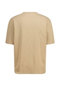 T-shirt di cotone beige con maniche corte, scollatura rotonda e vestibilità rilassata. Texture liscia e design semplice senza stampe o decorazioni.