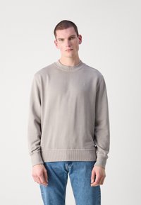 Lys grå sweatshirt med ribbet rund hals, lange ermer og subtilt logo på brystet. Myk tekstur, avslappet passform, kombinert med blå jeans.