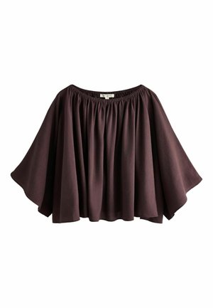 Loose, off-the-shoulder, dark purple top with wide sleeves and gathered elastic neckline.