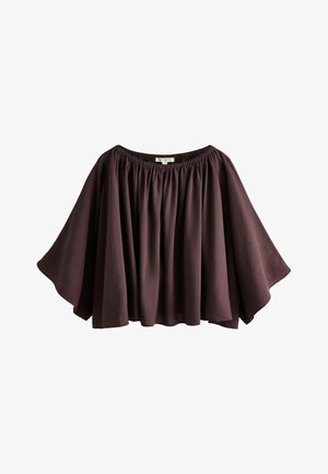 Loose, off-the-shoulder, dark purple top with wide sleeves and gathered elastic neckline.