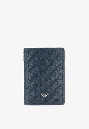 Portefeuille en cuir tressé noir avec un petit emblème en forme de taureau argenté centré sur le devant, présenté fermé sur un fond blanc.