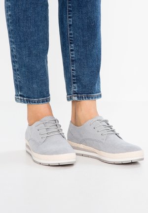 Osoba nosząca jasnoszare, perforowane, sznurowane buty casual z białymi podeszwami oraz podwinięte, niebieskie dżinsy, stojąca na białej podłodze.