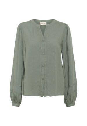 Green blouse with long puff sleeves, button front, round neckline, and decorative stitching along the placket and sleeve cuffs. Smooth fabric.