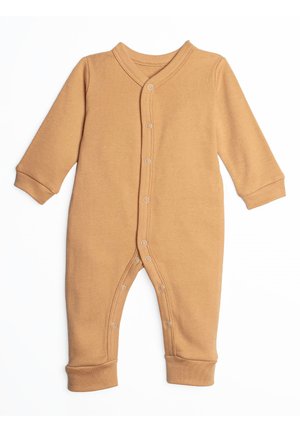 Brązowy długi rękaw body dla niemowląt z napami od klatki piersiowej do dolnej części nóg, z podwiniętymi mankietami na rękawach i nogawkach.