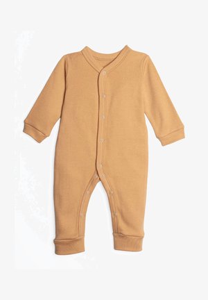 Brązowy długi rękaw body dla niemowląt z napami od klatki piersiowej do dolnej części nóg, z podwiniętymi mankietami na rękawach i nogawkach.