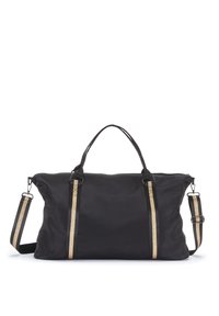 Black nylon tote bag featuring gold accents, dual handles, and a removable shoulder strap, with a spacious design and soft texture.