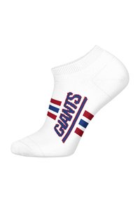 Biała skarpetka do kostki z czerwonymi i niebieskimi paskami oraz napisem "GIANTS" wytłoczonym na środku czerwonym, pogrubionym haftem. Miękki, elastyczny materiał.