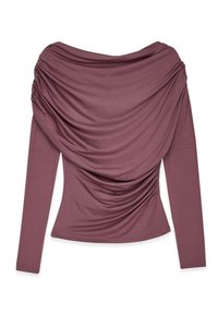 Långärmad topp i mauve, med draperat tyg, veckdetaljer på sidorna och en åtsittande silhuett. Mjuk, elastisk material.