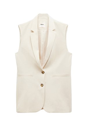 Beżowa bezrękawnik z wyciętym kołnierzem, dwoma przednimi kieszeniami i pojedynczym zapięciem na guzik. Gładki materiał o delikatnym połysku.