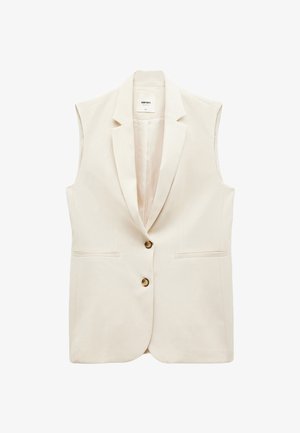 Beige ærmeløs blazer med en notch lapel, to frontlommer og en enkelt knaplukning. Glat stof med en subtil glans.